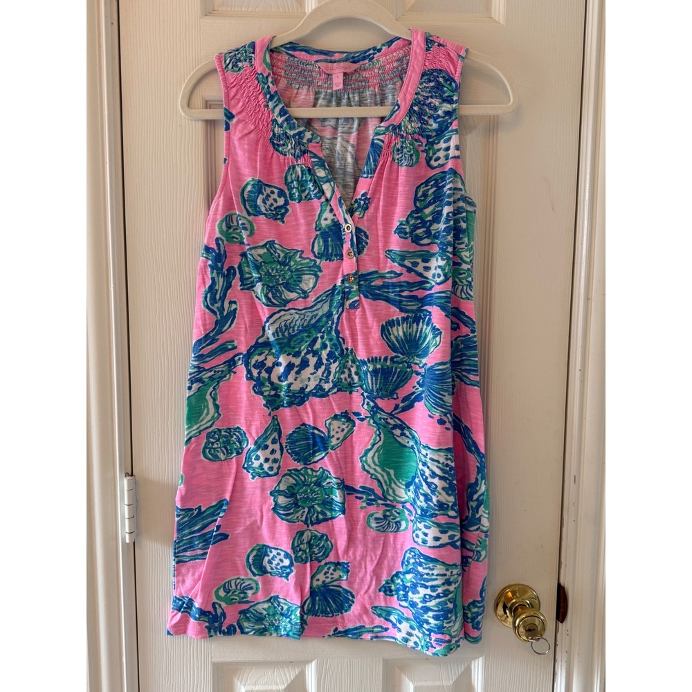 Lilly Pulitzer Essie Pink Shell Print Sleeveless Henley Shift Dress Size S